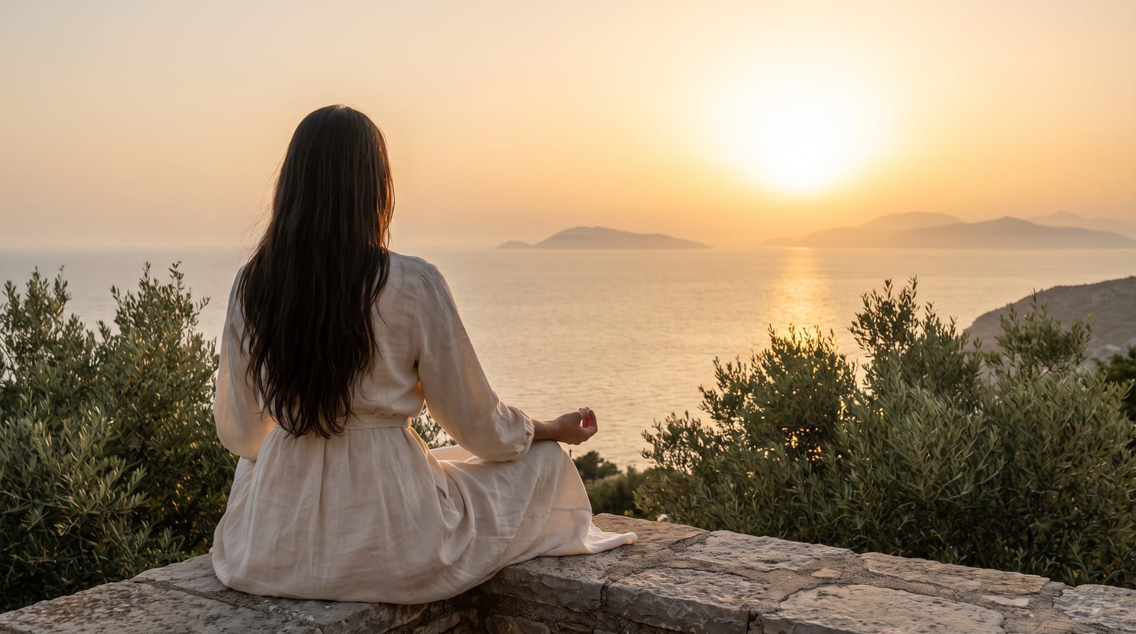 Person von hinten in ruhiger Haltung auf einer Terrasse mit Blick aufs Meer im Abendlicht