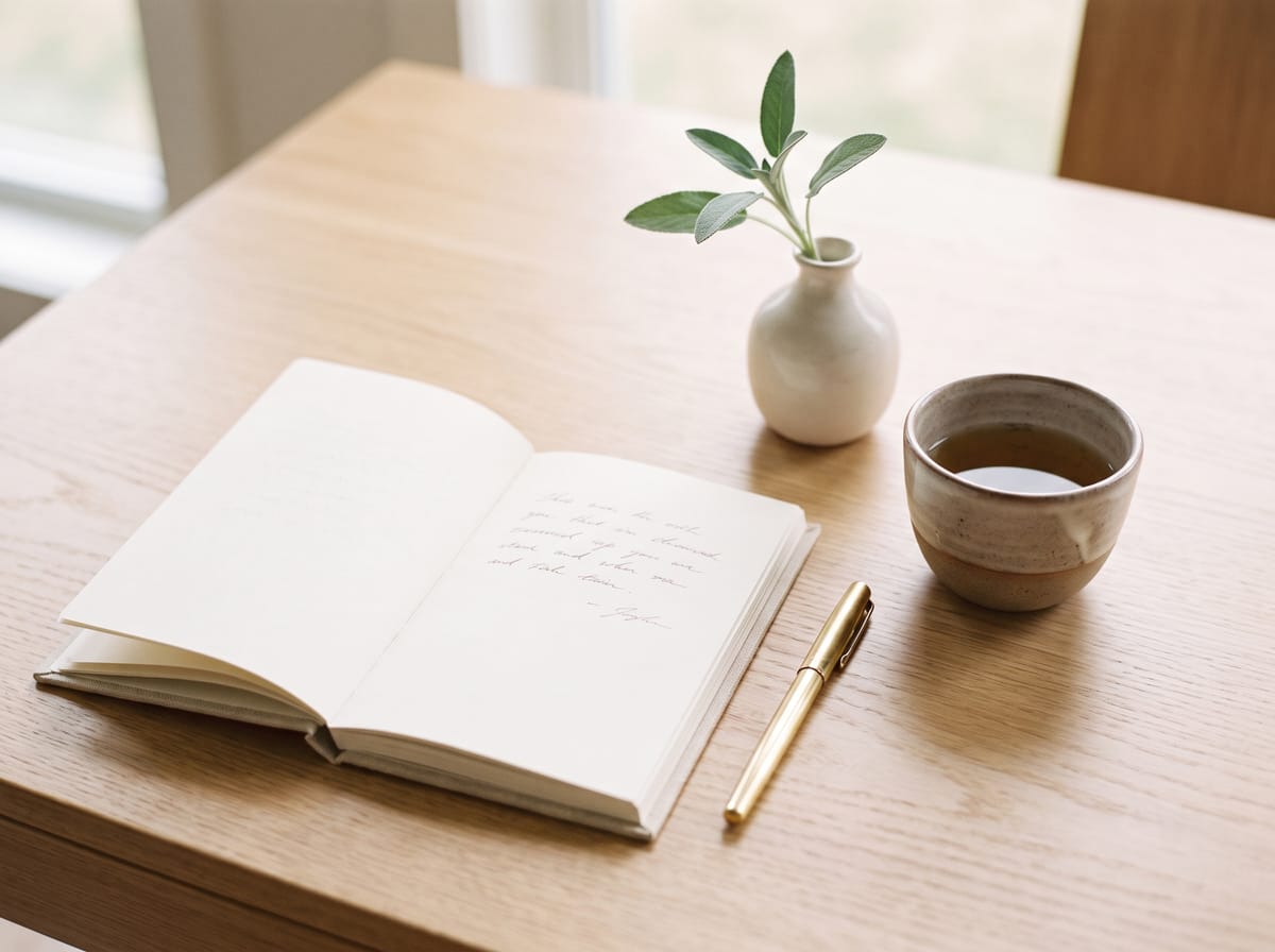 Heller Arbeitsplatz aus hellem Eichenholz mit offenem Notizbuch, goldenem Stift, Salbei in einer Vase und einer Tasse Kräutertee