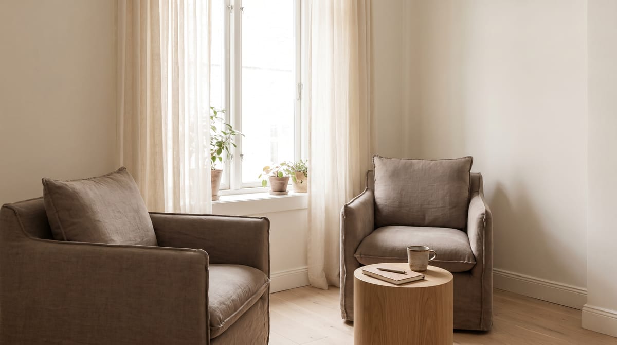 Zwei Sessel in Taupe-Leinen einander zugewandt an einem hellen Fenster